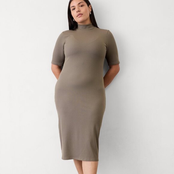 Athleta Signature Rib Mock Neck Dress Women Large Gray Stretch Modal Fitted Midi - Picture 1 of 8